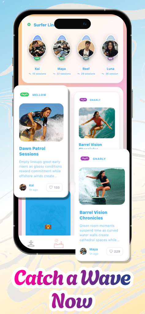 Telmo - Telmo app interface displaying surfer profiles and community session updates