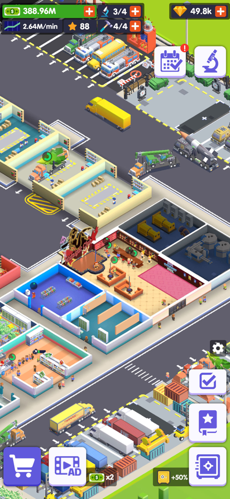 Truck Stop Tycoon-idle game - Vista isométrica de uma parada de caminhão movimentada com edifícios de serviço e estacionamento no Truck Stop Tycoon