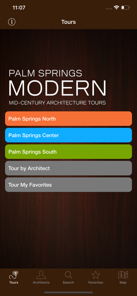 Main menu of the Palm Springs Modernism Tour app showing tour categories for North, Center, and South regions, plus a tour by architect option.