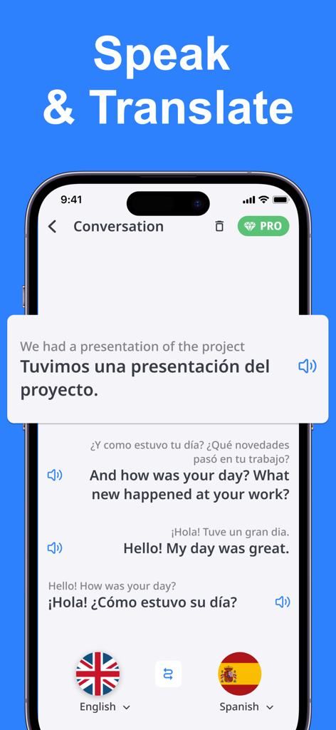 Voice Translator AI: Translate - Interface de um aplicativo de tradução de voz mostrando uma conversa entre falantes de inglês e espanhol com tradução de texto em tempo real