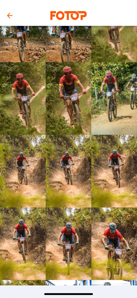 Fotop - Grid of professional mountain bike racing photos within the Fotop app gallery
