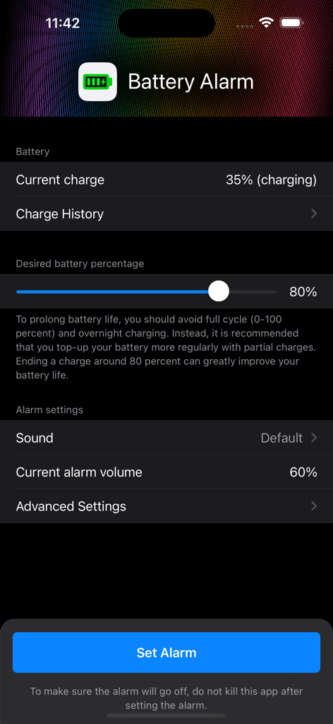Main interface of the Battery Charge Alarm app showing a slider set to eighty percent for optimal battery health.