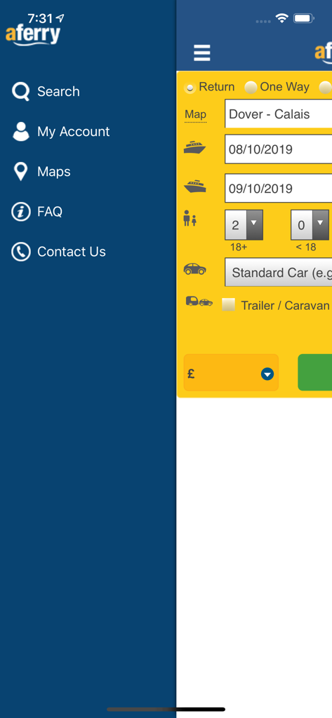 Aferry mobile app interface showing the side navigation menu and a ferry booking search form with Dover to Calais route selected