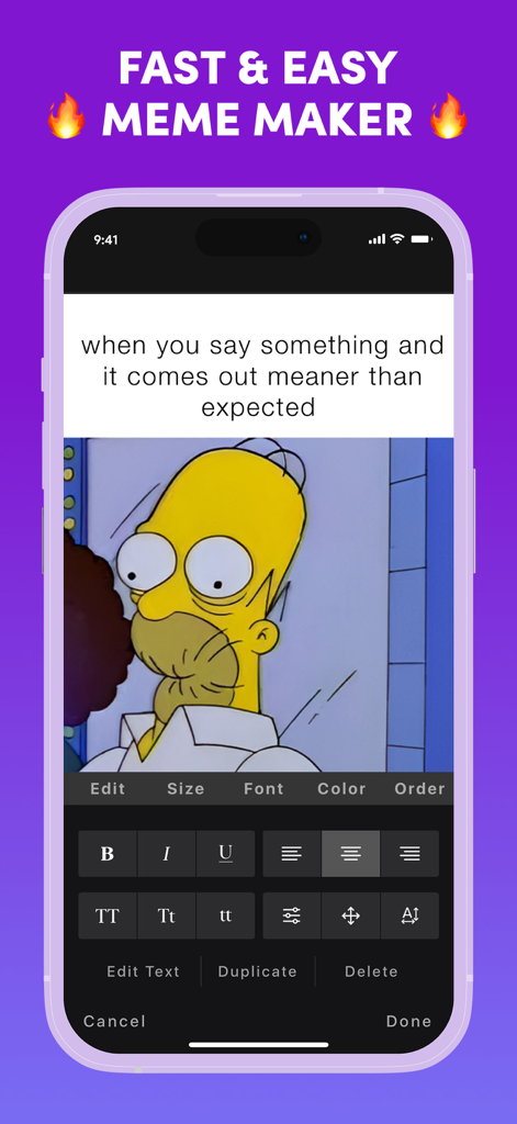 A mobile interface for the Memes.com app showing a meme editor with a Homer Simpson image and text formatting tools.