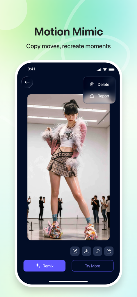 Pixa - AI Image & Video Maker - Interface of the Pixa AI app showing the Motion Mimic feature used to copy moves and recreate moments in videos.