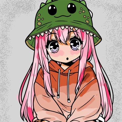 girl with anime shaped eyes with a dinosaur bucket hat oversized sweatshirt long straight hair