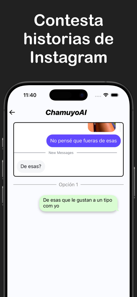 Chamuyo AI - Interfaz de la app Chamuyo AI sugiriendo una respuesta conversacional ingeniosa a una historia de Instagram en una pantalla de smartphone.