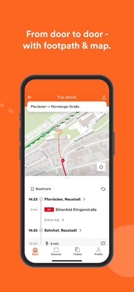 VVS Mobil App zeigt eine Tür-zu-Tür-Reiseplanung mit einer Karte und Wegbeschreibungen zu Fuß