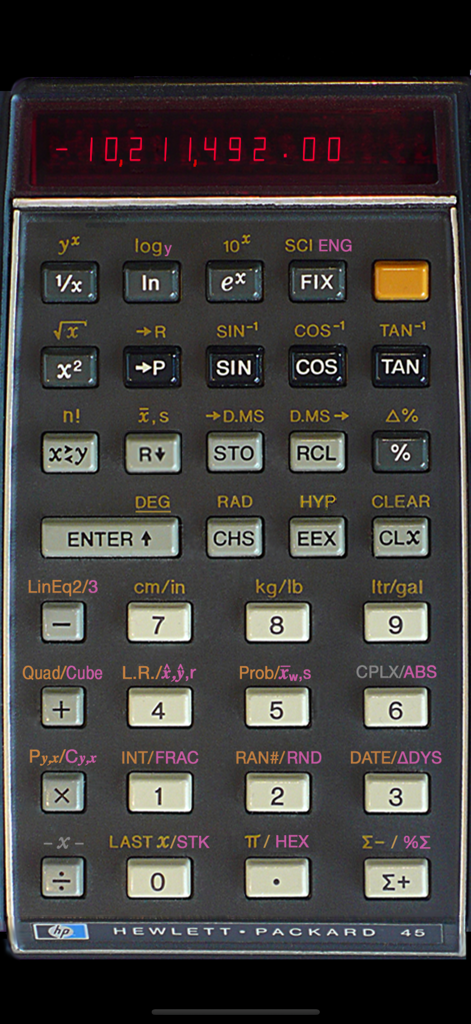 RPN-45 SD - Interfaz esquelética de la calculadora científica RPN-45 SD que muestra pantalla LED roja y teclas físicas