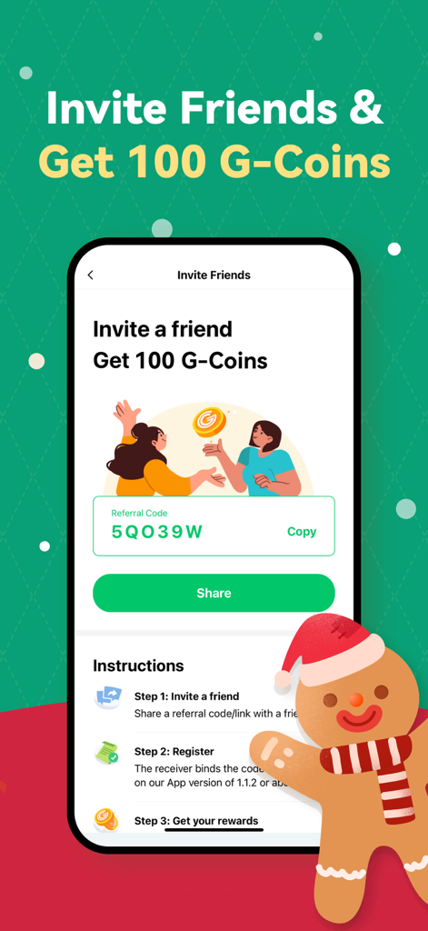 HopeGoo app invite friends screen showing 100 G-Coins reward and referral code with a holiday gingerbread man theme