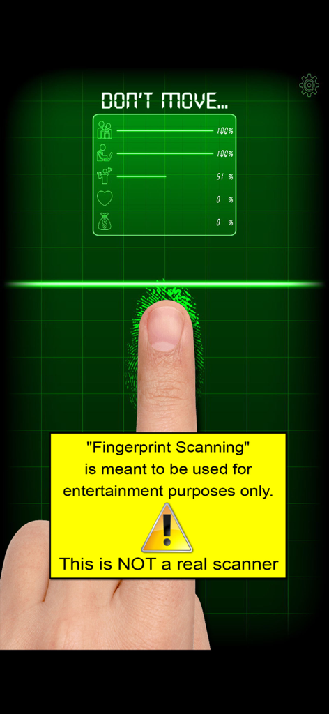 Fingerprint Scan Simulator - Oberfläche der Fingerabdruck-Scan-Simulator-App mit einem Finger auf einem Bildschirm mit einem grünen Scan-Laser und einer gelben Haftungsausschlussbox.