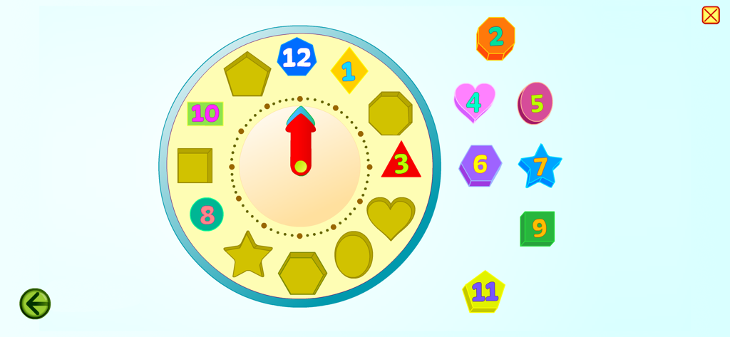 Starfall Numbers - An interactive clock game from the Starfall Numbers app where children match numbered shapes to their correct positions on a clock face