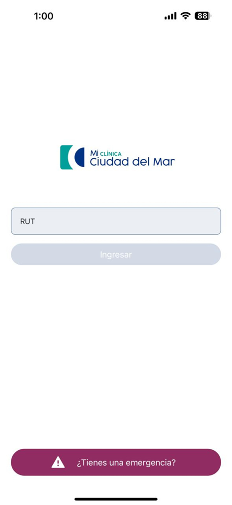 Clínica Ciudad del Mar - Pantalla de inicio de sesión de la app Mi Clinica Ciudad del Mar con campo de entrada RUT y botón de contacto de emergencia.