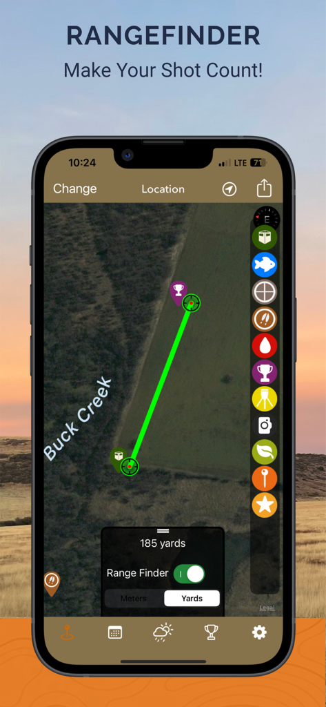 iSolunar™ Hunt & Fish Times - iSolunar rangefinder measuring distance on a hunting map