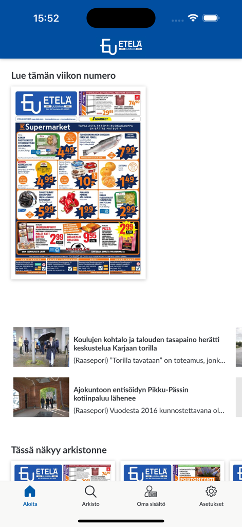 EU Uutiset - Etelä-Uusimaa - The EU Uutiset app interface showing local Finnish news and a digital newspaper replica
