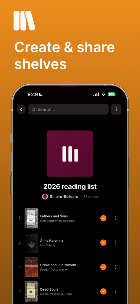 Lex Reader - Lex Reader mobile app showing a curated reading list of classic books including Anna Karenina and Crime and Punishment on a digital bookshelf