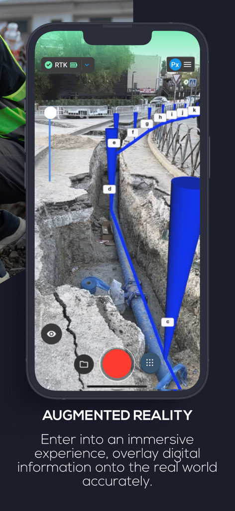 PIX4Dcatch: 3D scanner - PIX4Dcatch app showing an AR overlay of underground pipes in a construction trench