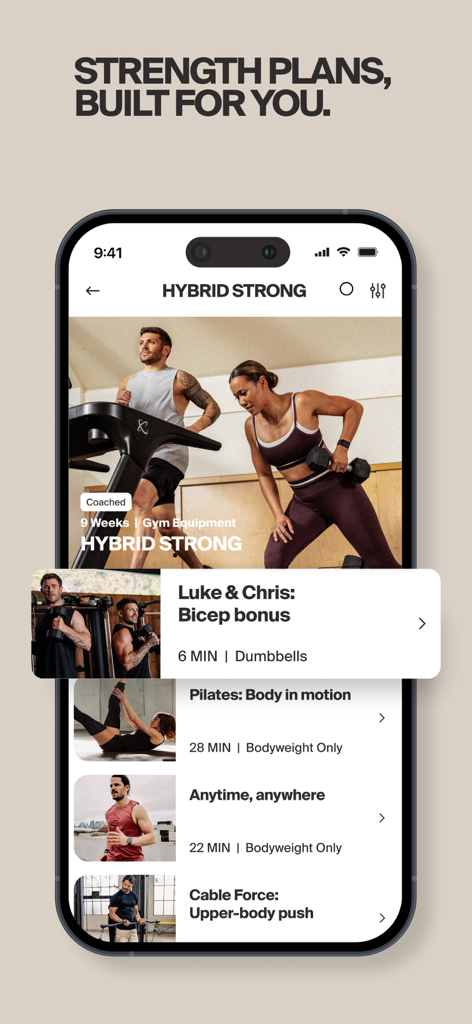 Centr app display showing various personalized strength and hybrid training programs