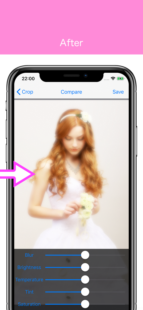 Soft Focus Lite 〜beauty selfie - Mobile app interface showing a portrait with soft focus and brightness editing sliders