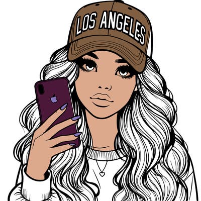 realistic beautiful girl wearing los ángeles cap holding an iphone
