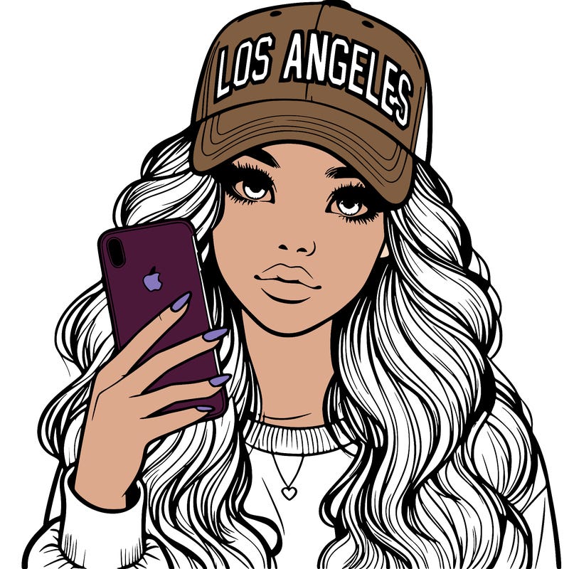 realistic beautiful girl wearing los ángeles cap holding an iphone