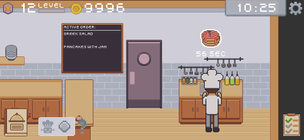 KitchenCraft: cooking business - Chef de arte pixelado cocinando en la acogedora cocina de un restaurante