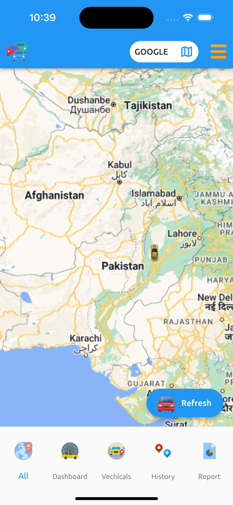 U Track Pro app interface showing real time vehicle location on a map