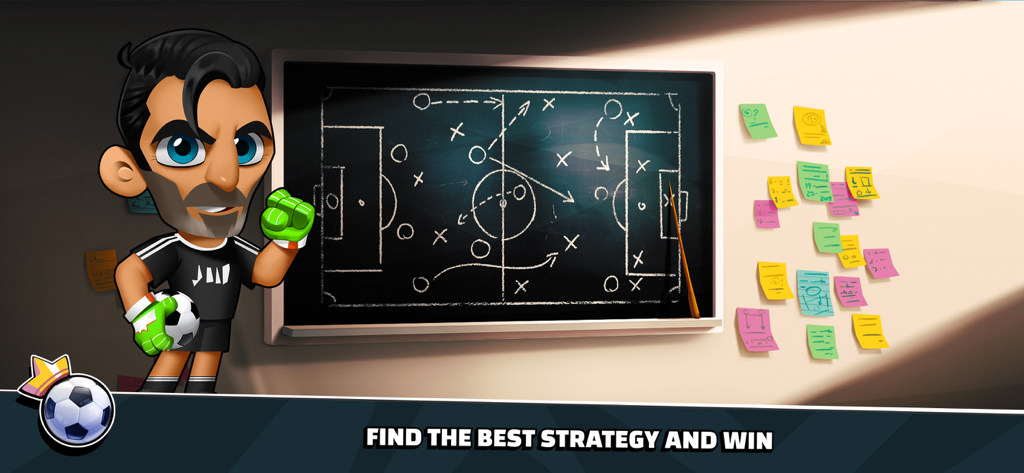 Super Soccer - 3V3 - A cartoon soccer coach next to a tactical game board with the text find the best strategy and win