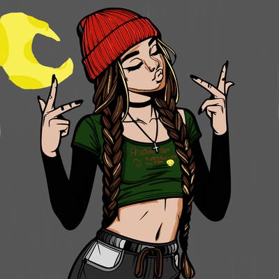 realistic teenage girl with braids and a beanie and crop top doing 🫶🏼