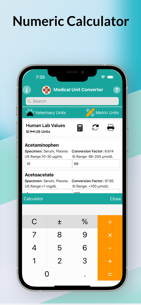 Interface de calculatrice numérique dans l'application Convertisseur d'Unités Médicales montrant les conversions des valeurs de laboratoire humaines