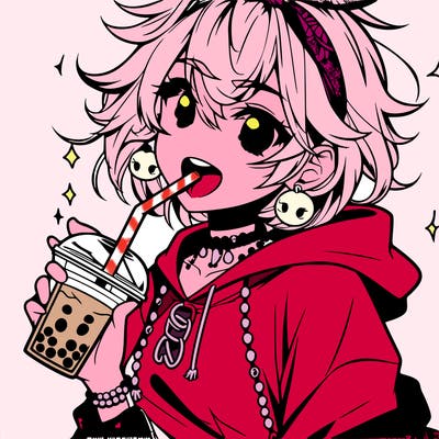 hot baddie anime girl drinking boba and biting the straw