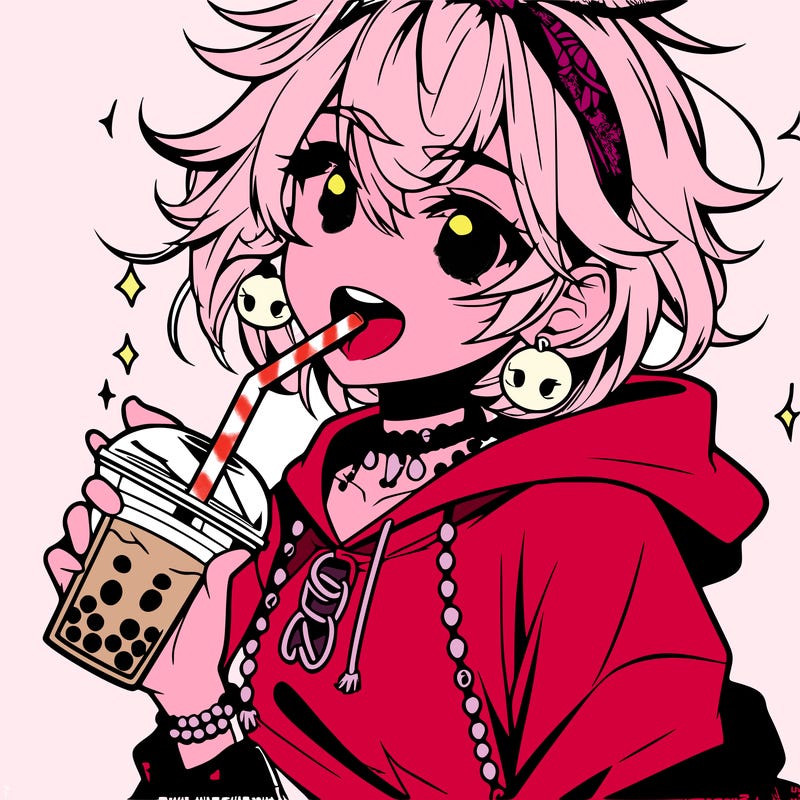 hot baddie anime girl drinking boba and biting the straw