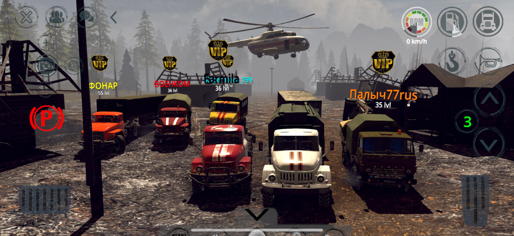 RTHD Offroad online 2025 - Un grupo de camiones personalizados de alta resistencia alineados en un lobby multijugador con un helicóptero volando en RTHD Offroad online 2025.