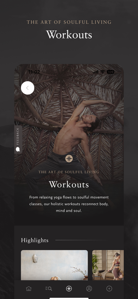 Rituals app workouts screen featuring holistic yoga and movement classes