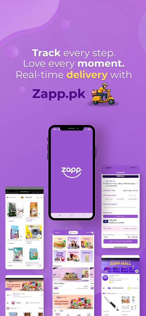 Zapp - Shop Anytime Anywhere - Mobile app interface of Zapp showing real-time delivery tracking and various shopping categories like grocery and pet care