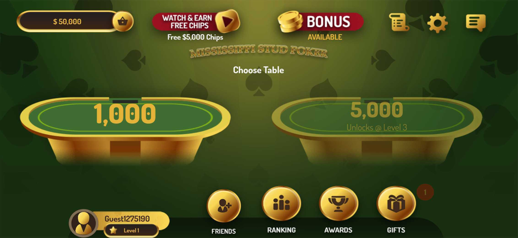 사용 가능한 게임 테이블과 플레이어 통계를 보여주는 미시시피 스터드 포커 카지노의 메인 로비 화면