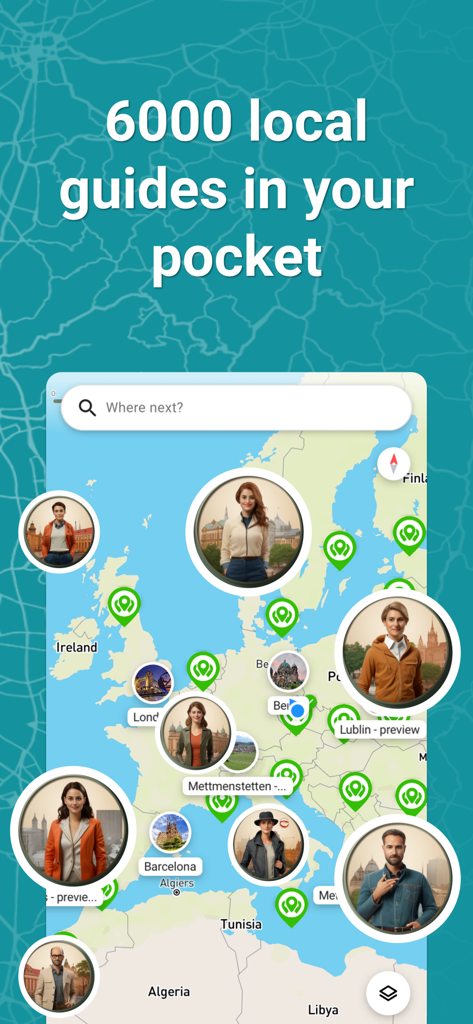 SmartGuide travel guide & map - SmartGuide app screenshot showing a map of Europe with photos of local guides pinned to various cities and a search bar.