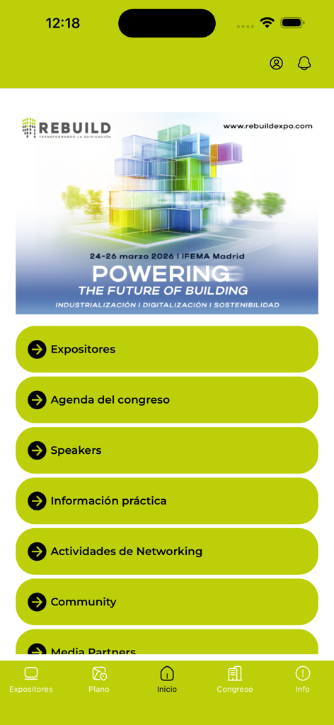 REBUILD 2026 - Home screen of the REBUILD 2026 mobile app showing menu options for the construction and building innovation expo.