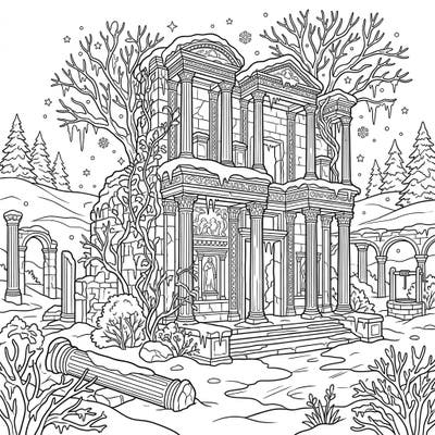 Step into a breathtaking scene where ancient temple ruins meet the quiet beauty of a winter wonderland. This intricate coloring page invites you to bring warmth and color to a snow-covered historical landscape.