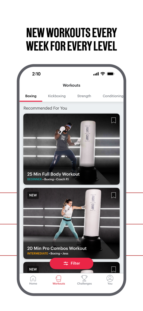 FightCamp app screen displaying on-demand boxing workouts including full body and pro combo sessions for different skill levels.