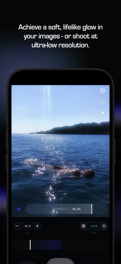 CoreCam - CoreCam app interface showing a nostalgic digicam glow effect on a photo of the sea