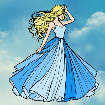 realistic woman with dress flowing in the wind