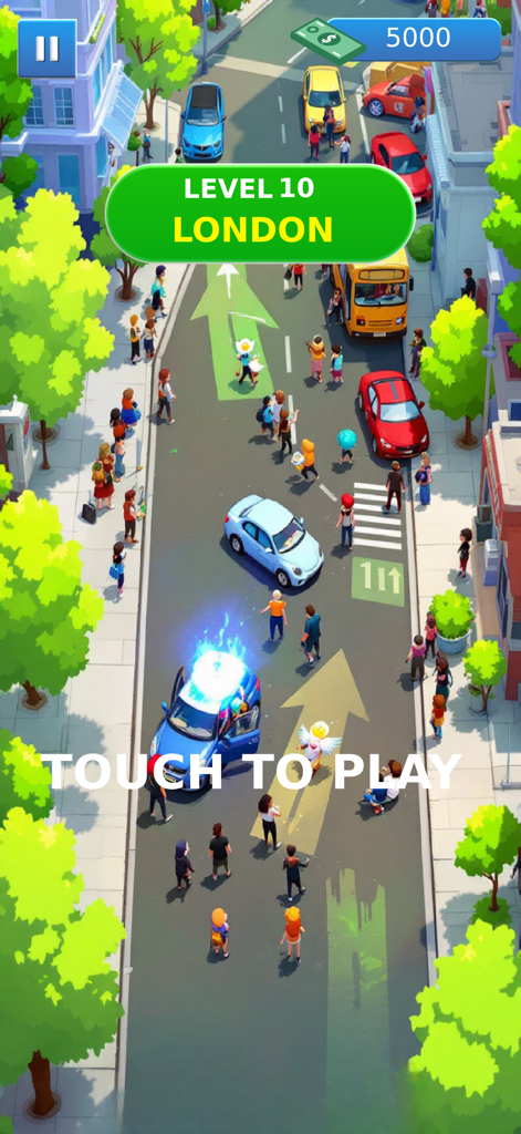 Pick Me Up Taxi Driving Game - Vista de la calle de la ciudad desde arriba de Pick Me Up Taxi Driving Game mostrando el nivel de Londres con un coche azul y peatones
