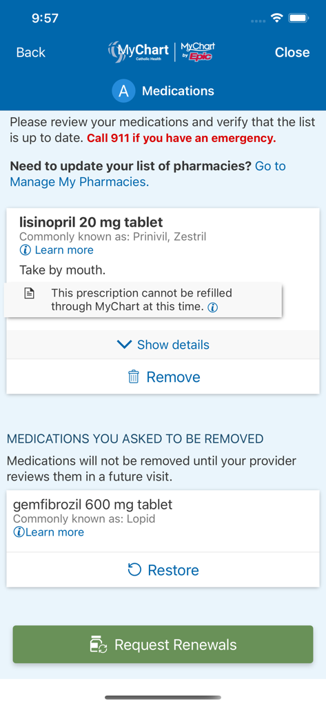 Catholic Health Buffalo - Medication management screen in the Catholic Health Buffalo MyChart app showing current prescriptions and a request renewals button