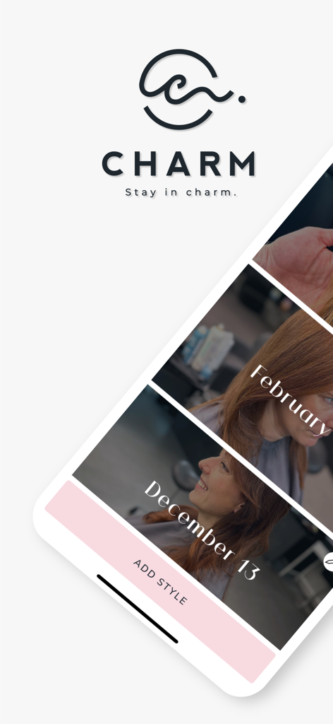 Charm: Save Formulas & Clients - Charm app logo and mobile interface showing a hairstylist portfolio with client photos and dates