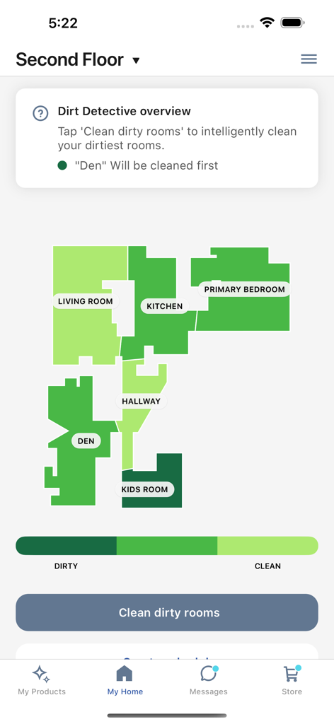 Aplicação iRobot Home a mostrar um mapa do piso com níveis de sujidade específicos por divisão e um botão para limpar divisões sujas