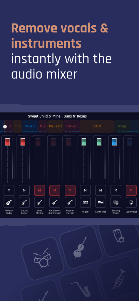 Mehrspur-Audio-Mixer in der Jamzone-App mit Optionen zur Isolierung von Instrumenten und Entfernung von Vocals für die Übung.