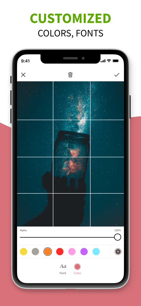 Grid Maker - Gridzilla - Pantalla de edición de Grid Maker Gridzilla que muestra opciones de colores y fuentes personalizadas para una cuadrícula de fotos