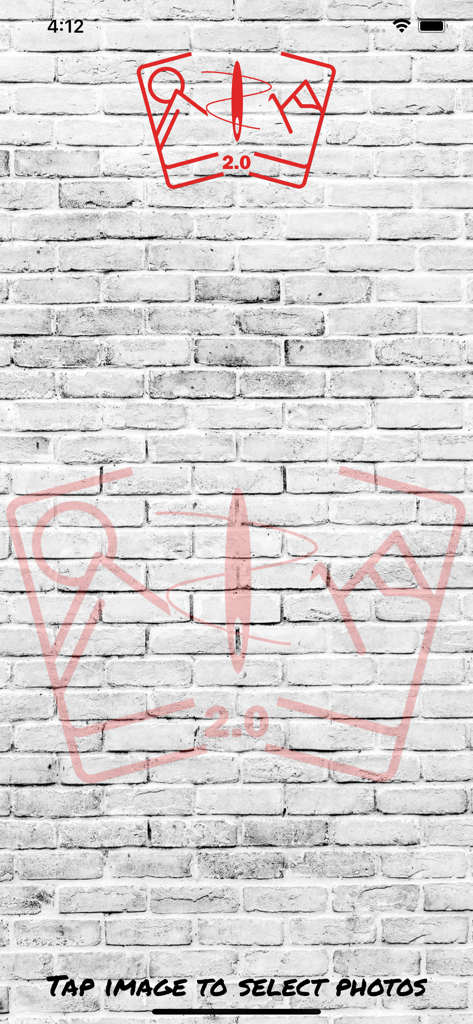 Photo Stitcher 2.0 app home screen with a white brick wall background and a prompt to tap to select photos