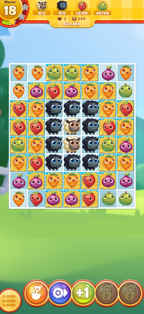 Un colorido tablero de puzzles de match-3 de Farm Heroes Saga con lindos cropsies de frutas y verduras y personajes de ovejas.